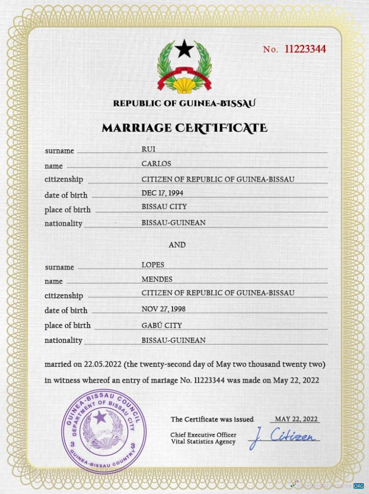 Download Guniea Bissau marriage certificate PSD template Photoshop template